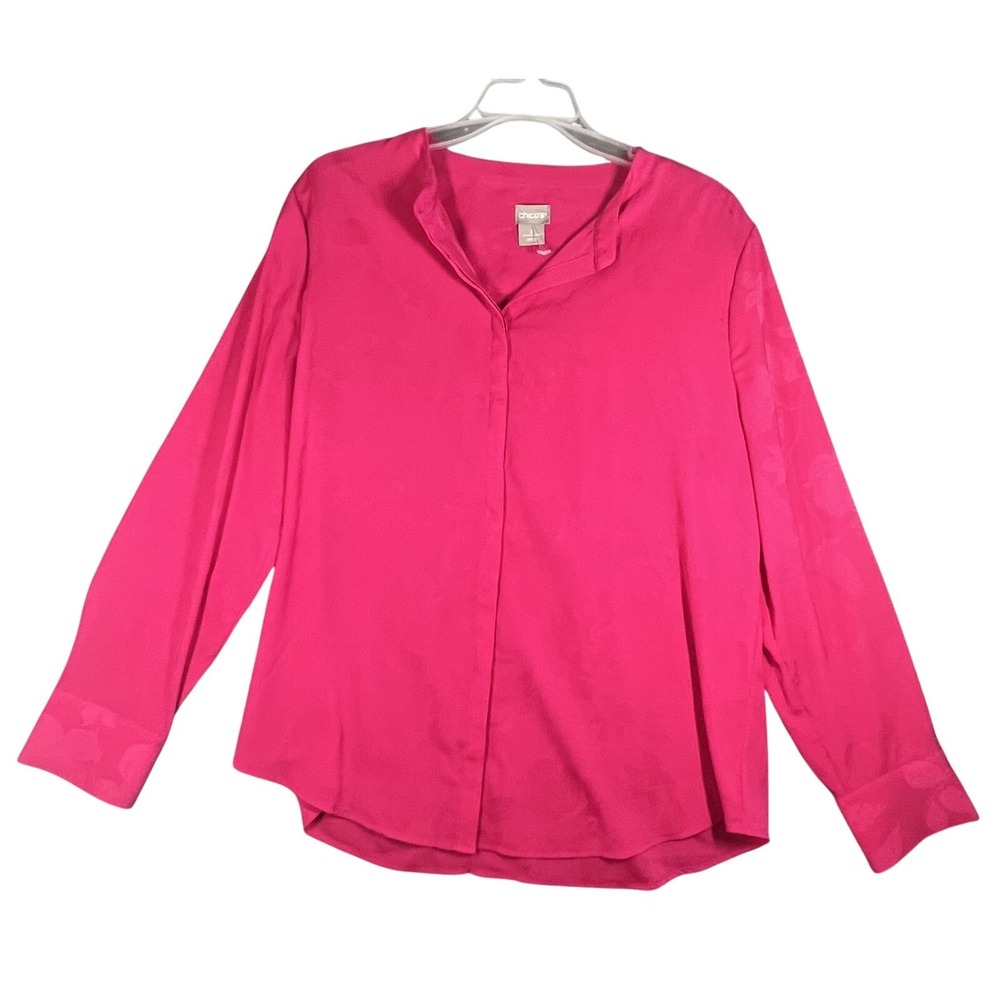 Chico's Women's Pink Fuchsia Floral Jacquard Mandarin Collar Blouse Top Size 2